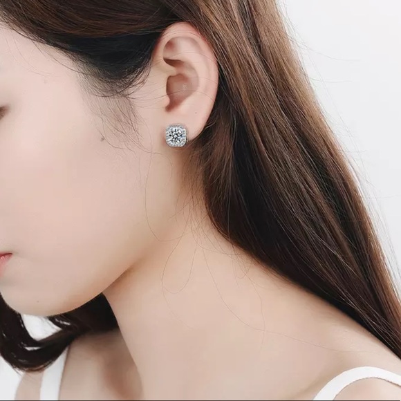 π Sterling Silver Diamond Stud Earrings - Picture 2 of 4